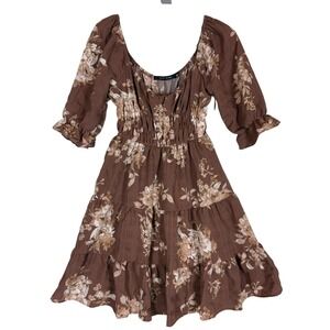 Mary & Mo Dress Womens S Brown Floral Scoop Neck Puff Sleeve Boho Tiered Ruffle